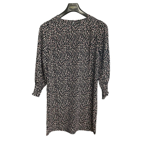 Ann Taylor Factory Shift Dress Size 10 Black Print Shirred Sleeves Comfort Boxy - Picture 9 of 13